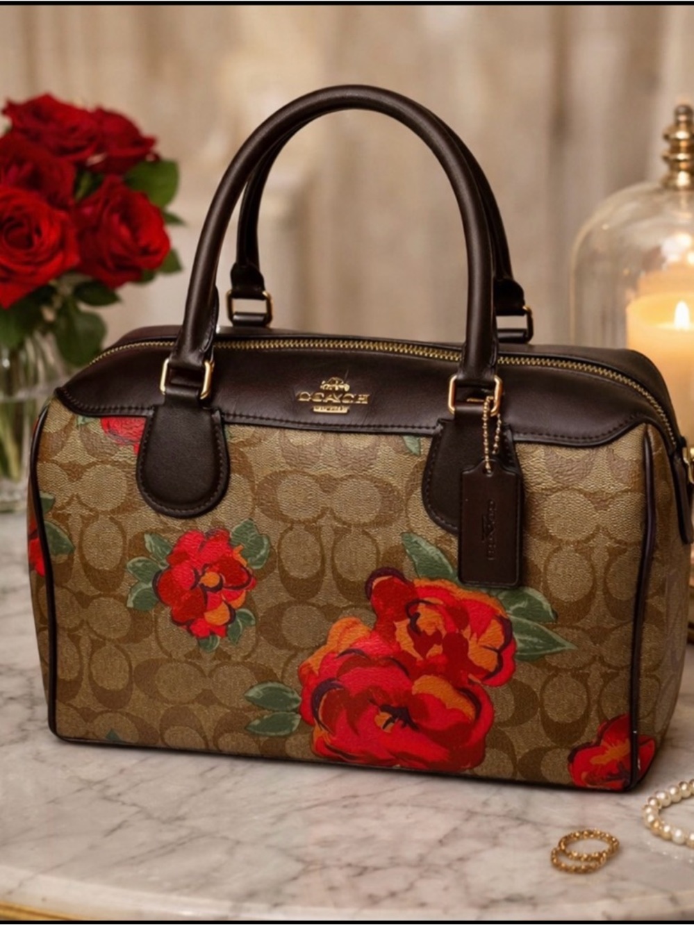Coach Brown Signature Satchel with Red Floral Print - Picture 11 of 11